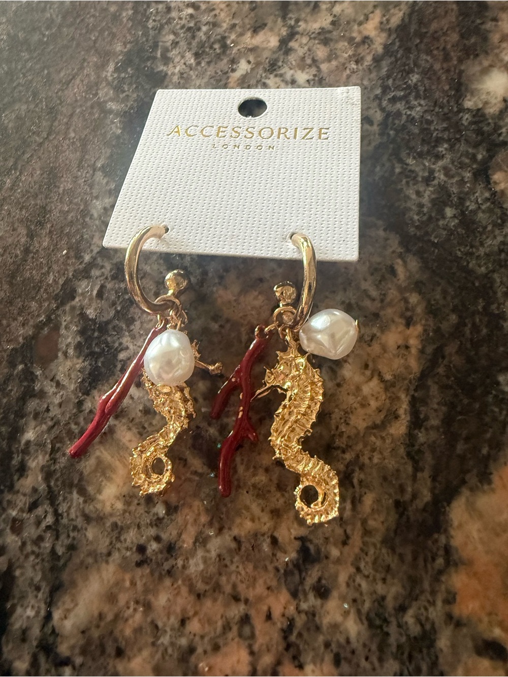 Accessorize Gold Seahorse Hoop Earrings with Red Coral and Pearl Charm
